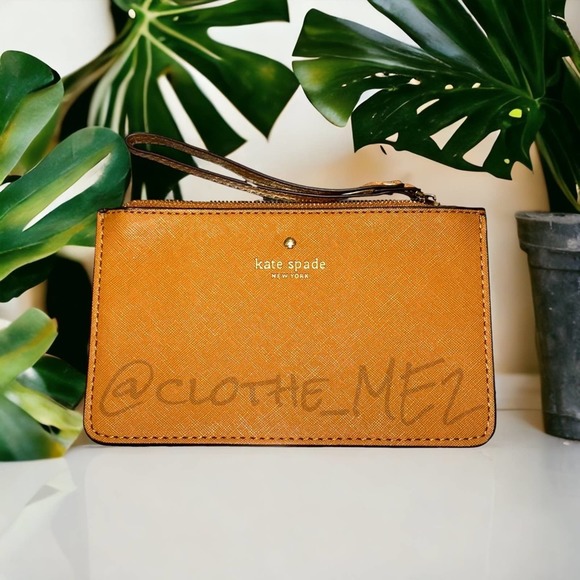 KATE SPADE - Leather Wristlet Pouchette, brown/light fawn color - Picture 1 of 14